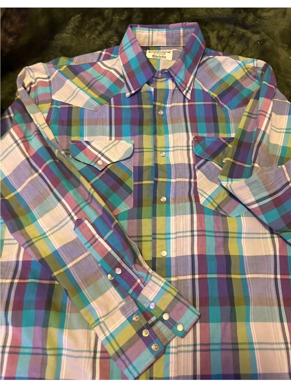 Men's Plaid Western Button-Down Shirt in Purple, Blue & Green